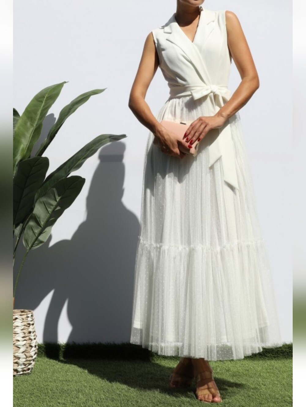 Sleeveless White Wrap Maxi Dress with Tulle Skirt NWT